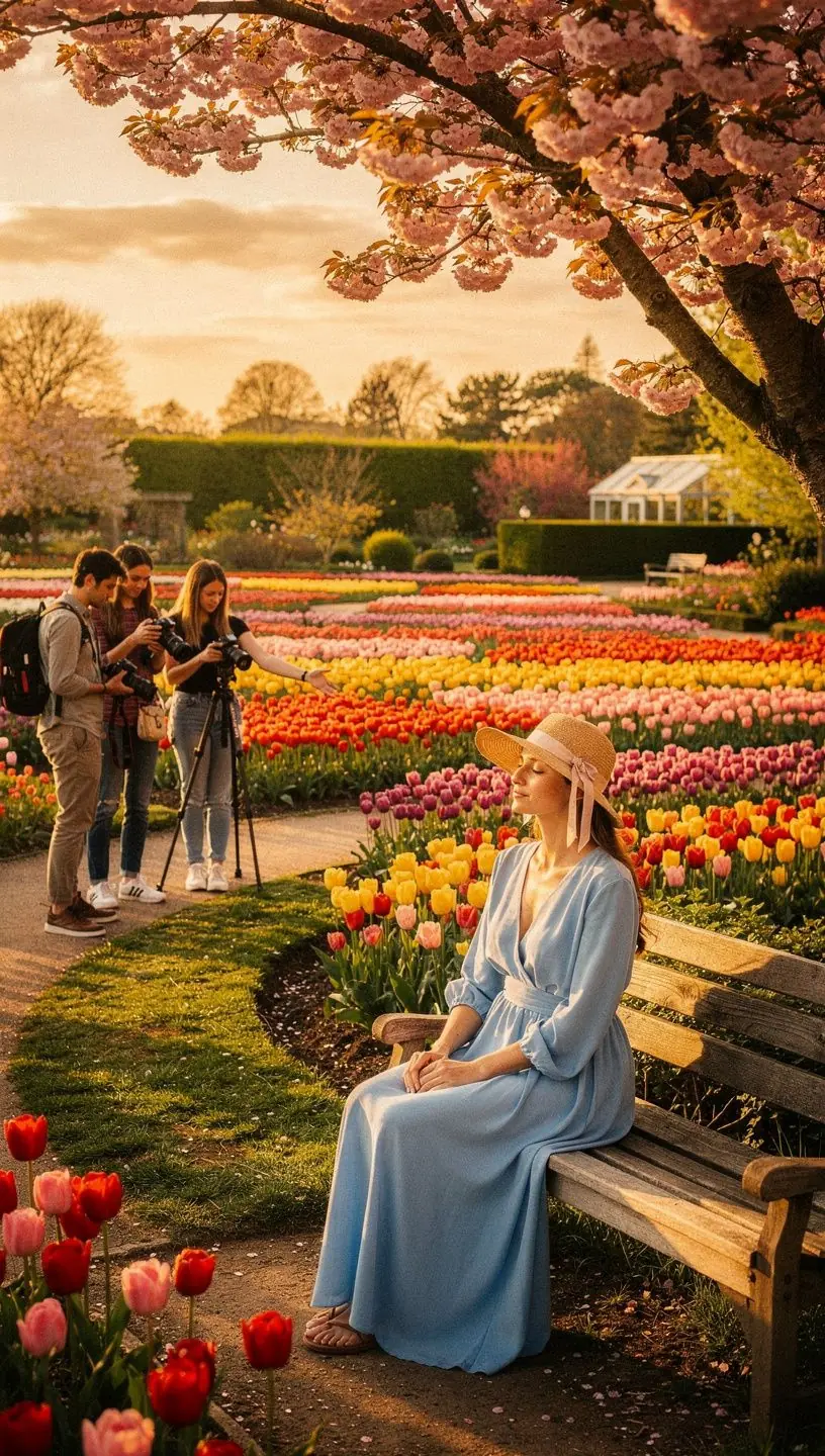 Weite Ansicht des Keukenhof mit farbenfrohen Blumenarrangements im Frühling.