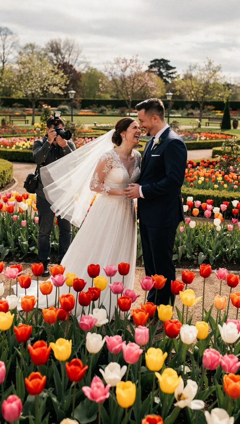 Besucher, die Fotos vor einem Meer aus blühenden Tulpen machen.