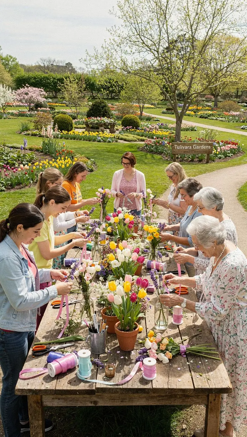 Tulpen in voller Blüte, die sich sanft im Wind wiegen, umgeben von grünem Gras.